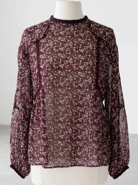 Zara| Gothic Black White and Red Floral Sheer Blouse Peasant Sleeves Sz S